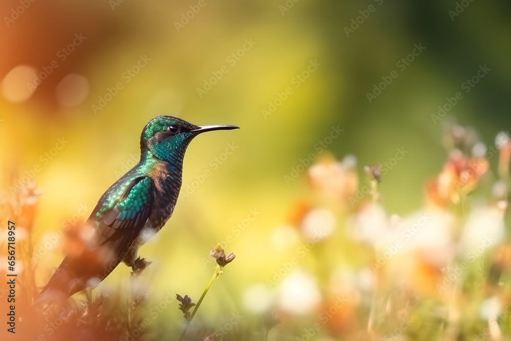 White-throated Hummingbird (Colibri colubris) perched on a flower. Nature background. Spring
