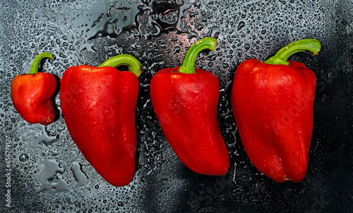 Red pepper. Several ripe red bell peppers with dew drops on a dark background, vegetables, sweet pepper