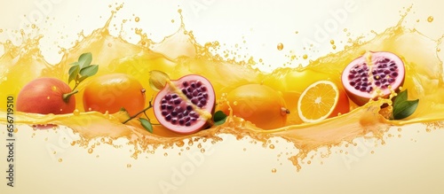 Maracuja smoothie splash tropical fruit drink design Healthy concept fresh and tasty with copyspace for text photo