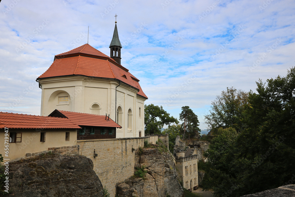 Valdštejn Castle in the Czech Republic in the Bohemian Paradise area, the oldest castle in this area stands on sandstone rocks and is a popular excursion destination, view of the chapel