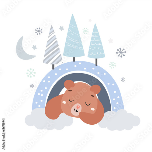 Cute cartoon bear cub sleeps in a den in winter. Children's simple print. Vector graphics.