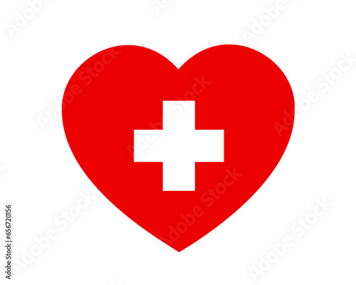 Heart with cross as symbol of cardiac medicine, medical science, health and healthcare. Or Swiss love of Switzerland. Vector illustration isolated on white.