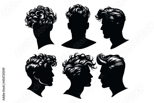 Head of a young guy with curly hair.
Black silhouette of a man on a transparent background. Vector set for stencil.
