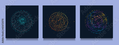 Set Abstract Network Technology with Lines, Dot, Point. Science Global Concept Featuring in the Form Circle on Black Background. Futuristic Wireframe Geometric Grid Elements. 3d Explosion Effect.