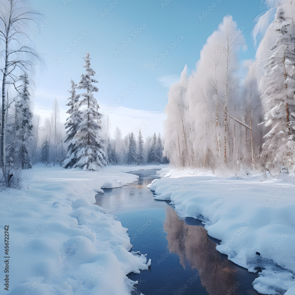 Snow-covered landscape in the middle of winter. capture the stillness of the cold air in the photo, Generated AI