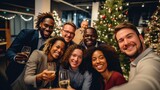 Group of young coworkers toasting and taking a selfie at an office party. Concepts for dinners or business lunches at Christmas. Generative AI