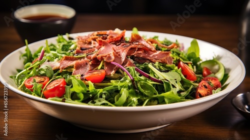  a salad with bacon and tomatoes in a bowl on a table.  generative ai