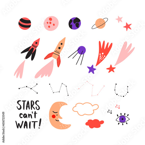 Vector illustration with cute space set. Bright colors design elements with stars, planets and spaceships.