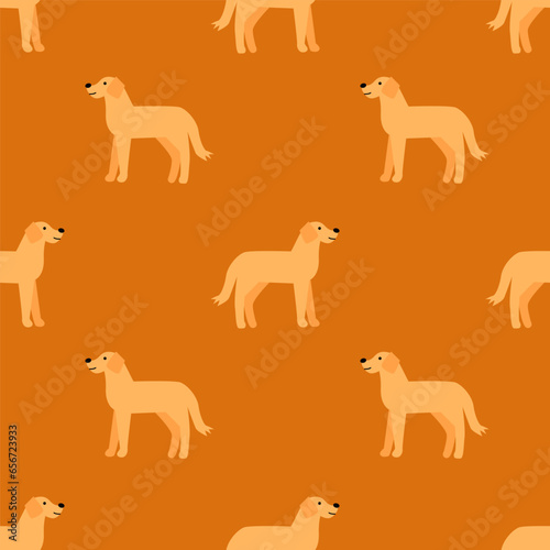 Seamless vector pattern with cute labrador dogs on orange background. Modern design for fabric and paper, surface textures.