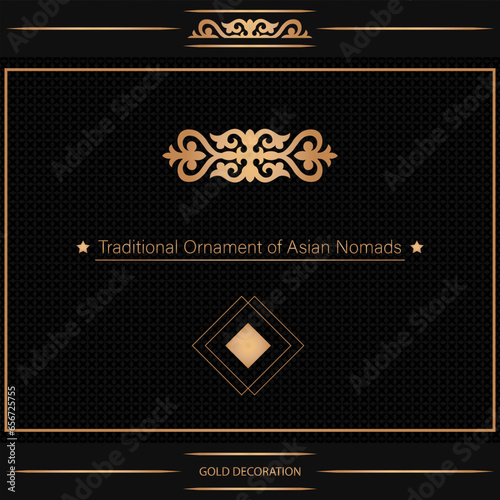 Decorative asian ornamental elements with motifs of Kazakh, Kyrgyz, Asian decor for borders, textile, plate, tile, and print design. Workpiece for your design. Oriental gold Pattern.