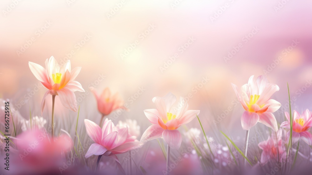 Crocus blossoms on pink background with soft bokeh lights created with Generative AI
