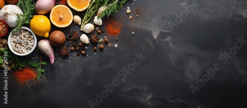 Cooking ingredients arranged on grey table Room for text with copyspace for text