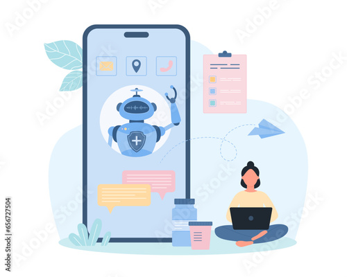 Healthcare chatbot technology vector illustration. Cartoon tiny woman with laptop and robot on mobile phone screen communicate by online messages, medical automated support for patient of AI assistant