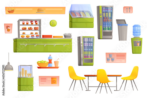 School canteen, cafeteria or cafe interior set vector illustration. Cartoon isolated university campus buffet with food on shelves, counter with snacks and cakes, table and chairs, vending machine