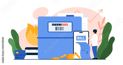 Payment of gas bill online vector illustration. Cartoon tiny customer paying invoice through mobile app in phone and bank account, monthly check of gas meter readings to pay gas consumption costs