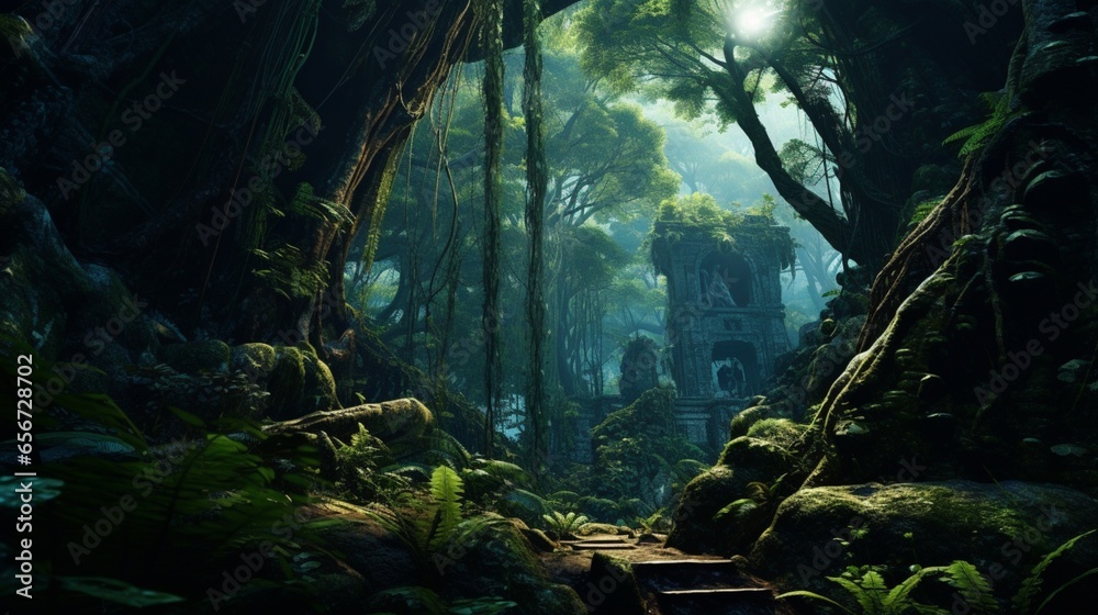A deep, enchanting rainforest with towering ferns and ancient trees