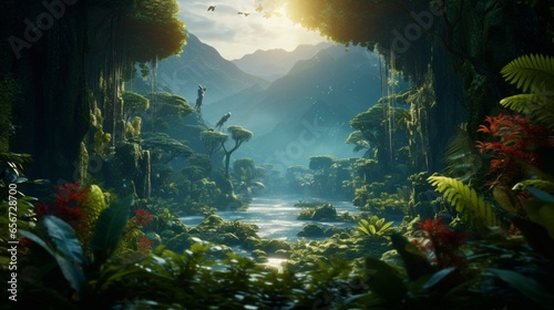 A breathtaking view of a lush rainforest with vibrant green foliage and exotic flora