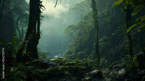 A dense, misty rainforest with a canopy shrouded in mystery