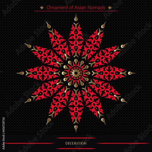 Circle mandala on black background, workpiece for your design. Decorative asian ornamental elements and motifs of Kazakh, Kyrgyz, Uzbek, national Asian decor for round plate, textile and print design.