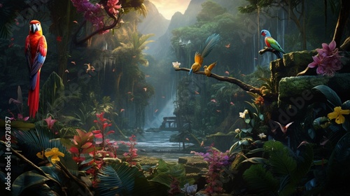 A dense rainforest with exotic birds and colorful orchids © amnabibi