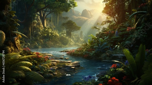 A dense  vibrant rainforest with a rich diversity of plant and animal life