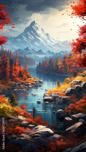forest filled with autumn foliage trees, a lake with blue water and the mountains in the distance