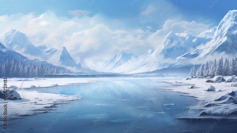 A snowy landscape with a frozen lake and distant mountains