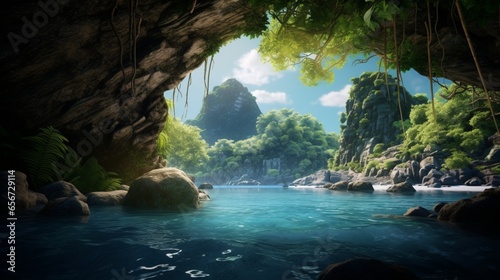 A secret cove on a tropical island, hidden behind lush foliage