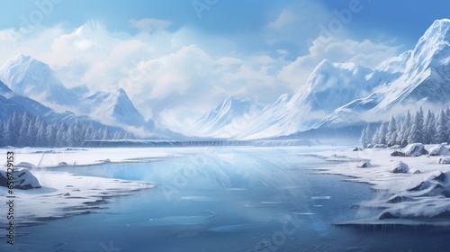 A snowy landscape with a frozen lake and distant mountains