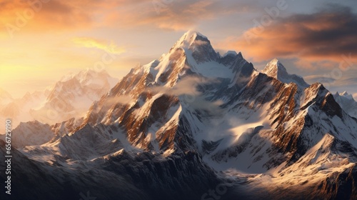A snowy mountain range bathed in the golden light of sunset © amnabibi