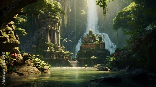 enchanting scene showcasing the harmonious coexistence of a magnificent waterfall, lush rainforest, and a snow-covered forest on a remote island, with a hidden historical temple © amnabibi