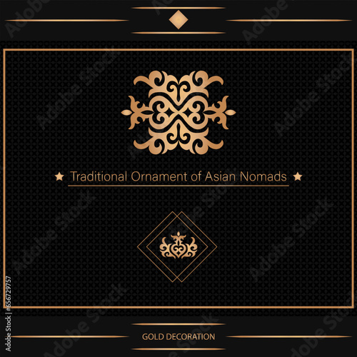 Decorative asian ornamental elements with motifs of Kazakh, Kyrgyz, Asian decor for borders, textile, plate, tile, and print design. Workpiece for your design. Oriental gold Pattern.