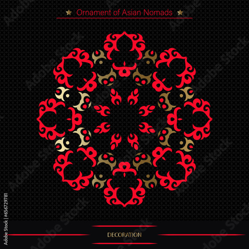Mandala. Workpiece for your design. Ornamental elements and motifs of Kazakh, Kyrgyz, Uzbek, national Asian decor for plate, textile and print design. Round asian ornament. Vector.
