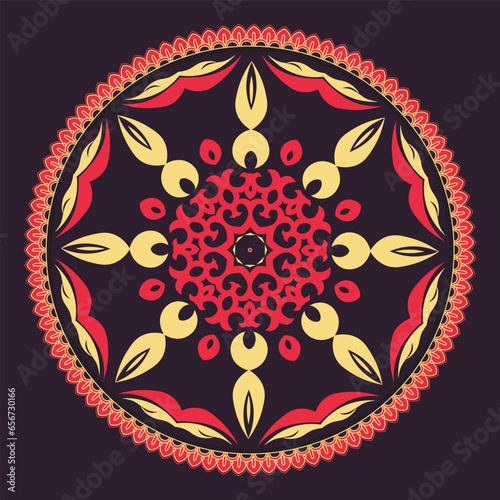 Mandala. Workpiece for your design. Ornamental elements and motifs of Kazakh, Kyrgyz, Uzbek, national Asian decor for plate, textile and print design. Round asian ornament. Vector.