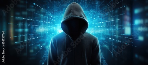 Cyber crime symbolized by mysterious hacker in black hoodie with data protection interface with copyspace for text