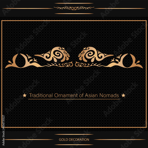 Decorative asian ornamental elements with motifs of Kazakh, Kyrgyz, Asian decor for borders, textile, plate, tile, and print design. Workpiece for your design. Oriental gold Pattern.