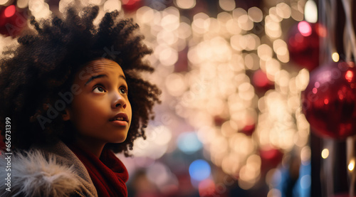 close up on the face of a little black boy enchanted by the shopping mall's christmas decorations. photo