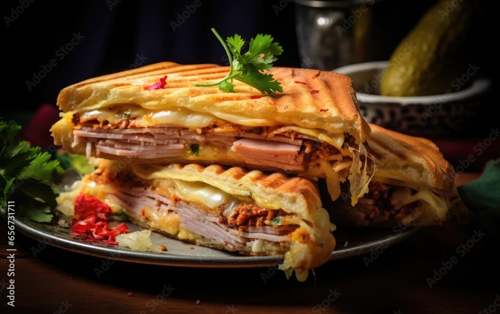Delicious Cuban sandwiches with ham and cheese on a plate Delicious Cuban sandwiches with ham and cheese on a plate