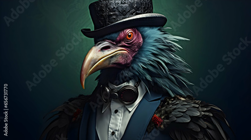 the bird is wearing a dark suit, in the style of photorealistic surrealism, aleksandr deyneka, corporate punk, colorful costumes photo