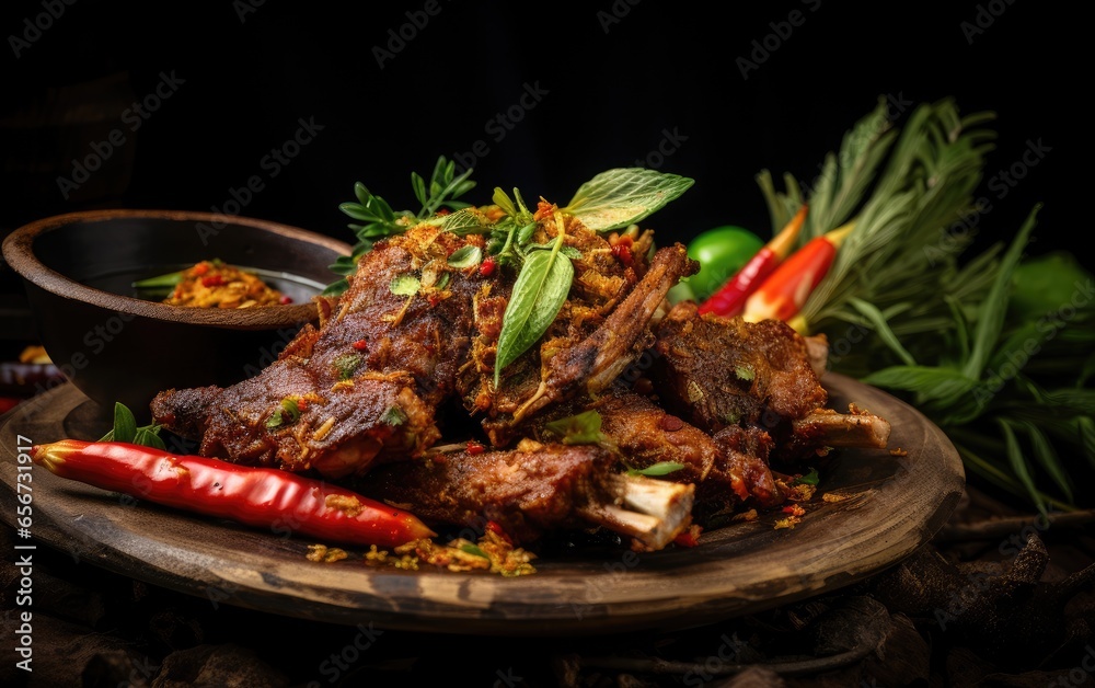 A close-up of Bebek Goreng garnished with fragrant herbs and spices in a plate A close-up of Bebek Goreng garnished with fragrant herbs and spices in a plate