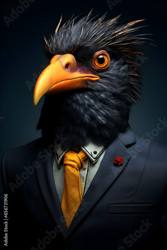 the bird is wearing a dark suit, in the style of photorealistic surrealism, aleksandr deyneka, corporate punk, colorful costumes photo