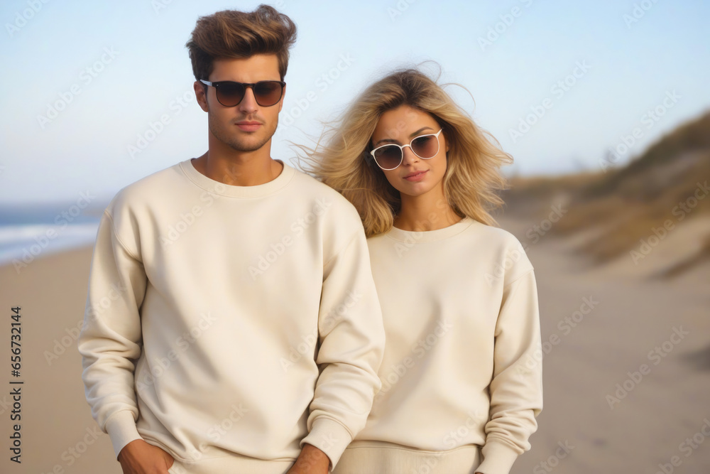 Man and woman wearing sunglasses standing on beach.