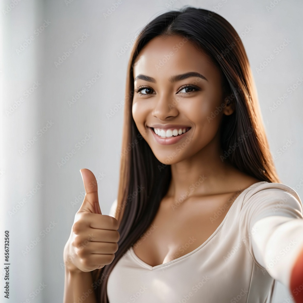 Photo of a lovely attractive young woman giving thumbs up. Gesture of approval. Promoting product. Success. Good job. Approval sign. Agreement. Person of color. Plain background. Generative AI. Photo of a lovely attractive young woman giving thumbs up. Gesture of approval. Promoting product. Success. Good job. Approval sign. Agreement. Person of color. Plain background. Generative AI.