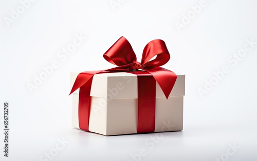 Beautifully wrapped red and white Christmas present on a white background