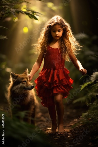 A little girl in a red dress walking a fox. Generative AI.