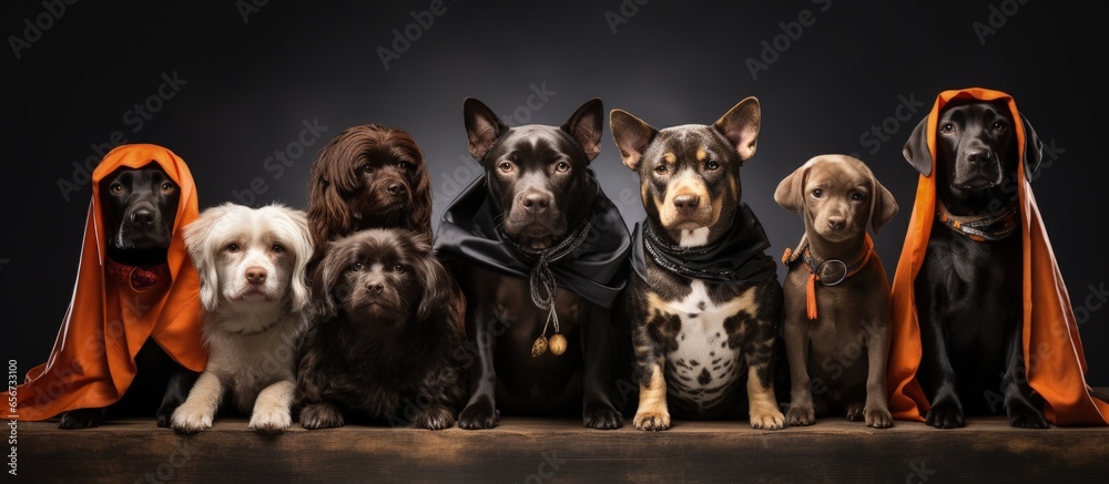 Group of Halloween costumed pets posing on white background with copyspace for text