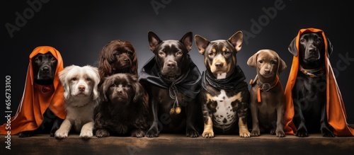 Group of Halloween costumed pets posing on white background with copyspace for text