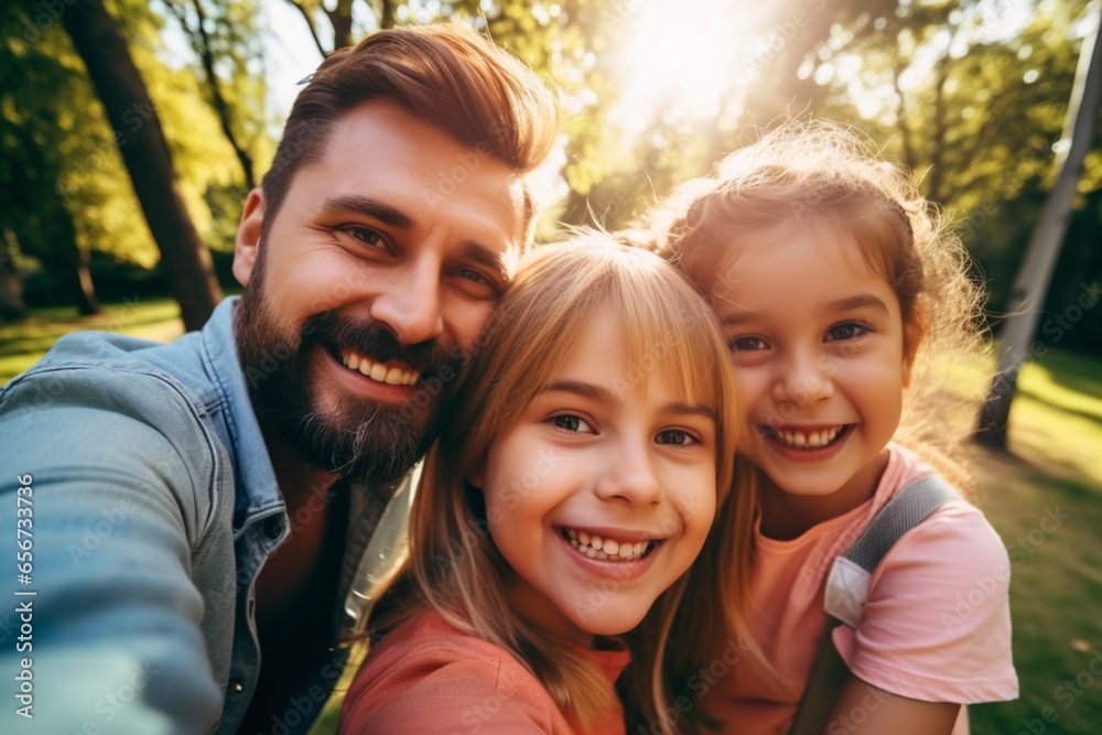 Fototapeta premium Happy caucasian family of parents and two children taking selfies smiling