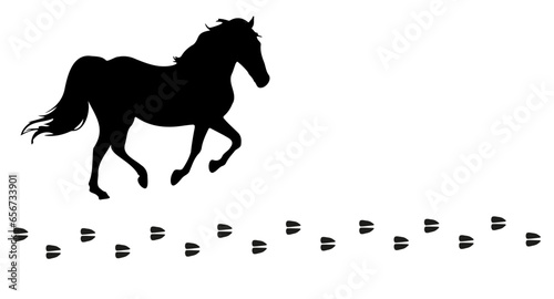 Silhouette of running horse or mustang and path of horse hoof footprints. Black art, isolated. Icon, badge, emblem. Design for print, hippodrome, racing, farm, stud farm, zoo, equestrian club, shop