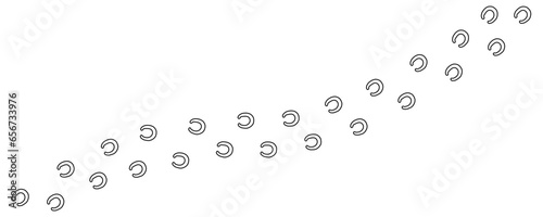 Path footprints of shod horse, pony in the snow. Track of horseshoes of donkey, mule. Shod hooves. Contour. Horse trail. Black Vector isolated. For print, textile, postcard, design, games, pet store
